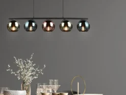 LED Pendelleuchte mit bunt verspiegelten Glaskugeln, Breite 83cm