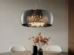 LED Pendelleuchte mit Glas Chrom in Rauchglas Optik & Kristallbehang Ø 50cm