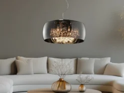 LED Pendelleuchte mit Glas Chrom in Rauchglas Optik & Kristallbehang Ø 50cm