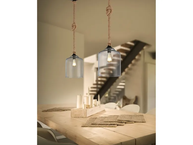 LED Pendelleuchte mit Glasschirm und Hanfseil Abhängung, Ø 24,5cm