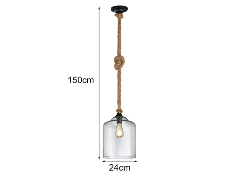 LED Pendelleuchte mit Glasschirm und Hanfseil Abhängung, Ø 24,5cm