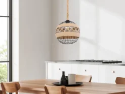 LED Pendelleuchte mit Hanfseil und Drahtkugel Schwarz, Ø 30cm
