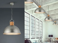LED Pendelleuchte mit Metall Lampenschirm und Holzelement, Ø 45cm