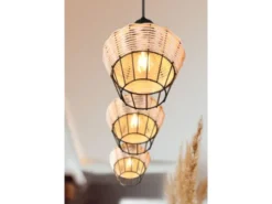 LED Pendelleuchte mit Rattan Geflecht Natur und Gitter im Boho Stil, Ø 18cm