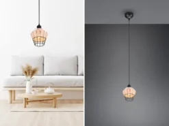LED Pendelleuchte mit Rattan Geflecht Natur und Gitter im Boho Stil, Ø 18cm