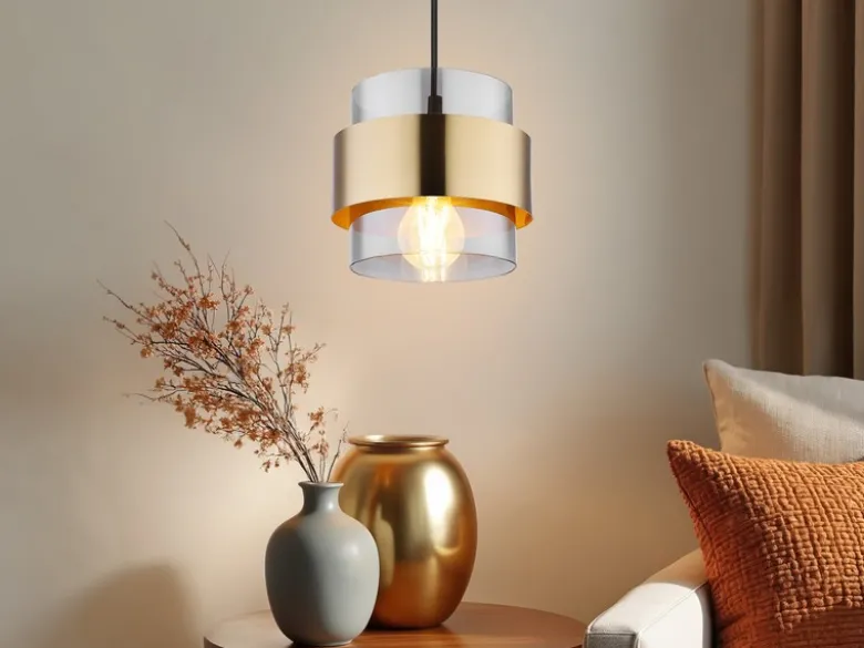 LED Pendelleuchte mit Rauchglas Lampenschirm und Messingring, Ø 18cm