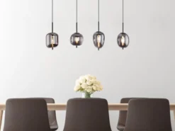 LED Pendelleuchte mit 4 Rauchglaskugeln Metall Schwarz, Breite 100cm