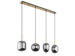 LED Pendelleuchte mit 4 Rauchglaskugeln Metall Messing, Breite 100cm