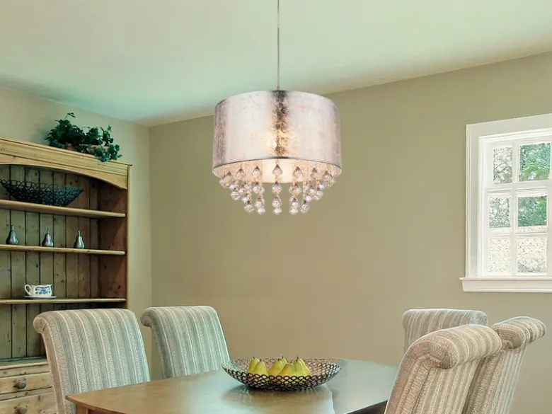 LED Pendelleuchte mit Stoff Lampenschirm Silber & Kristall Behang, Ø 40cm