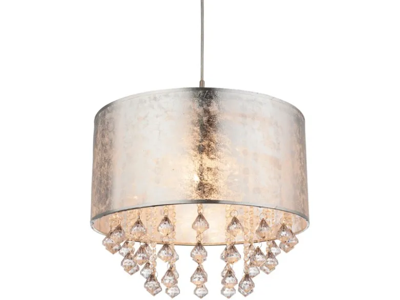 LED Pendelleuchte mit Stoff Lampenschirm Silber & Kristall Behang, Ø 40cm