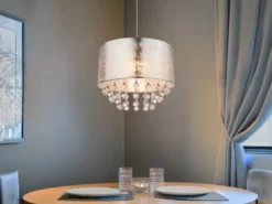 LED Pendelleuchte mit Stoff Lampenschirm Silber & Kristall Behang, Ø 40cm