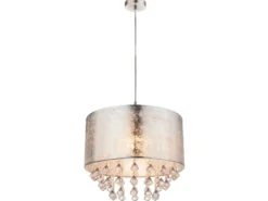 LED Pendelleuchte mit Stoff Lampenschirm Silber & Kristall Behang, Ø 40cm