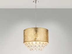 LED Pendelleuchte mit Stoff Lampenschirm Gold & Kristall Behang, Ø 40cm