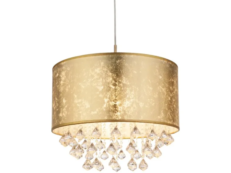 LED Pendelleuchte mit Stoff Lampenschirm Gold & Kristall Behang, Ø 40cm
