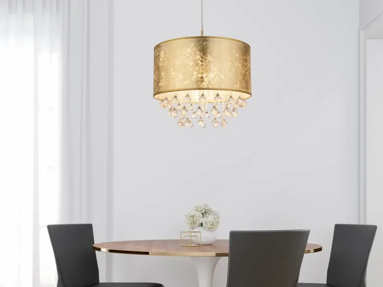 LED Pendelleuchte mit Stoff Lampenschirm Gold & Kristall Behang, Ø 40cm