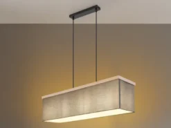 LED Pendelleuchte mit Stoff Lampenschirm und Holzoptik, Breite 80cm