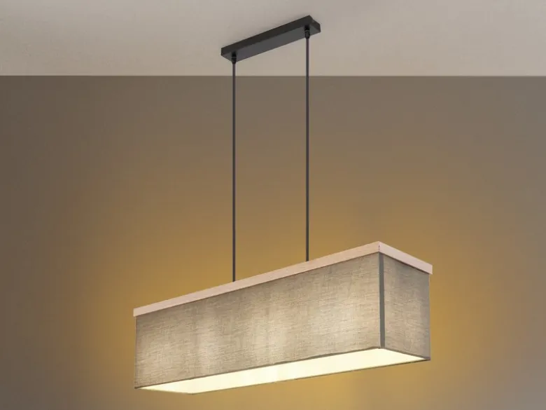 LED Pendelleuchte mit Stoff Lampenschirm und Holzoptik, Breite 80cm