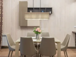 LED Pendelleuchte mit Stoff Lampenschirm und Holzoptik, Breite 80cm