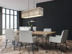 LED Pendelleuchte mit Stoff Lampenschirm und Holzoptik, Breite 80cm
