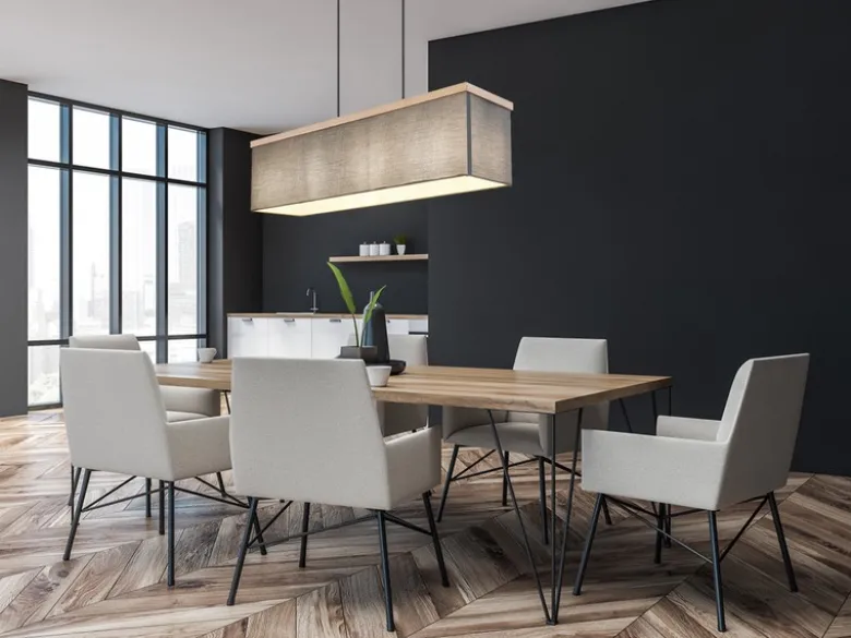 LED Pendelleuchte mit Stoff Lampenschirm und Holzoptik, Breite 80cm