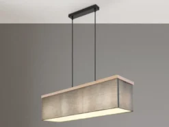 LED Pendelleuchte mit Stoff Lampenschirm und Holzoptik, Breite 80cm