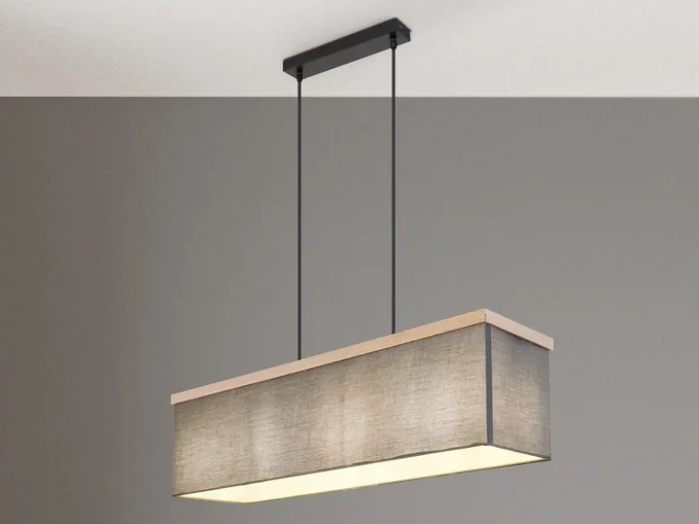 LED Pendelleuchte mit Stoff Lampenschirm und Holzoptik, Breite 80cm