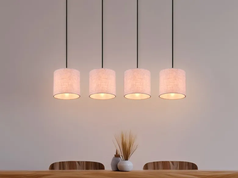 LED Pendelleuchte mit Stoffschirmen Beige & Naturholz Baldachin, Breite 100cm