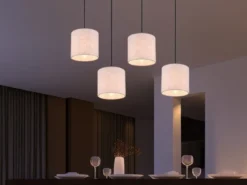 LED Pendelleuchte mit Stoffschirmen Beige & Naturholz Baldachin, Breite 100cm