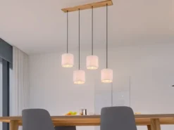 LED Pendelleuchte mit Stoffschirmen Beige & Naturholz Baldachin, Breite 100cm