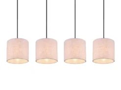 LED Pendelleuchte mit Stoffschirmen Beige & Naturholz Baldachin, Breite 100cm