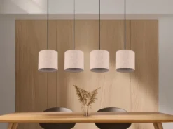 LED Pendelleuchte mit Stoffschirmen Beige & Naturholz Baldachin, Breite 100cm