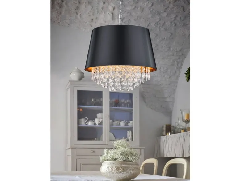 LED Pendelleuchte mit Stoffschirm Schwarz Gold & Kristall, Ø 50cm