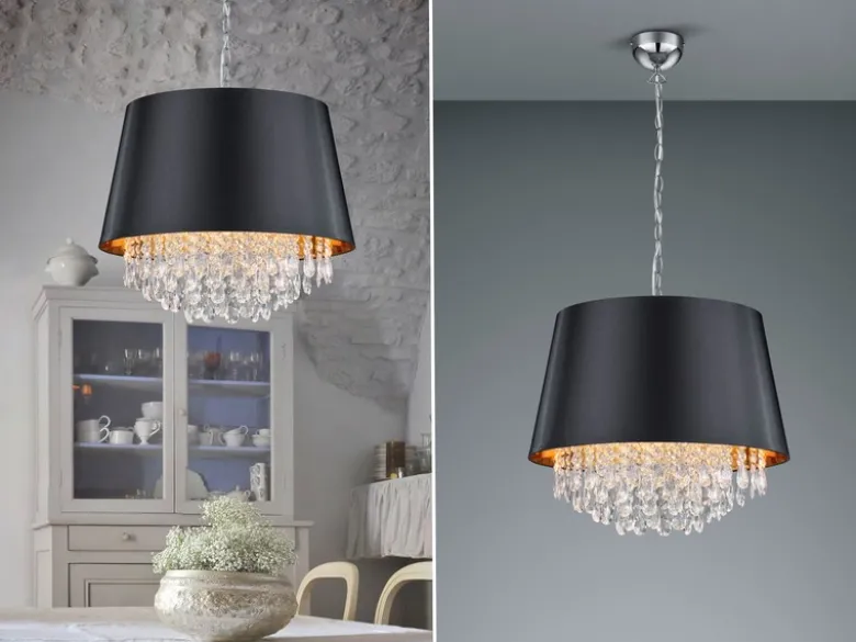 LED Pendelleuchte mit Stoffschirm Schwarz Gold & Kristall, Ø 50cm