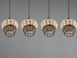 LED Pendelleuchte Rattan Geflecht Natur & Gitter im Boho Stil, Breite 95cm