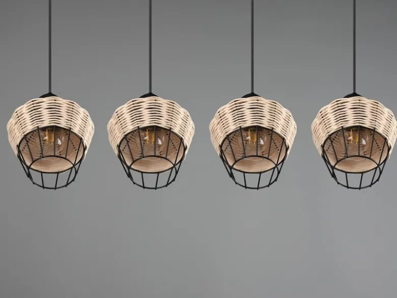 LED Pendelleuchte Rattan Geflecht Natur & Gitter im Boho Stil, Breite 95cm
