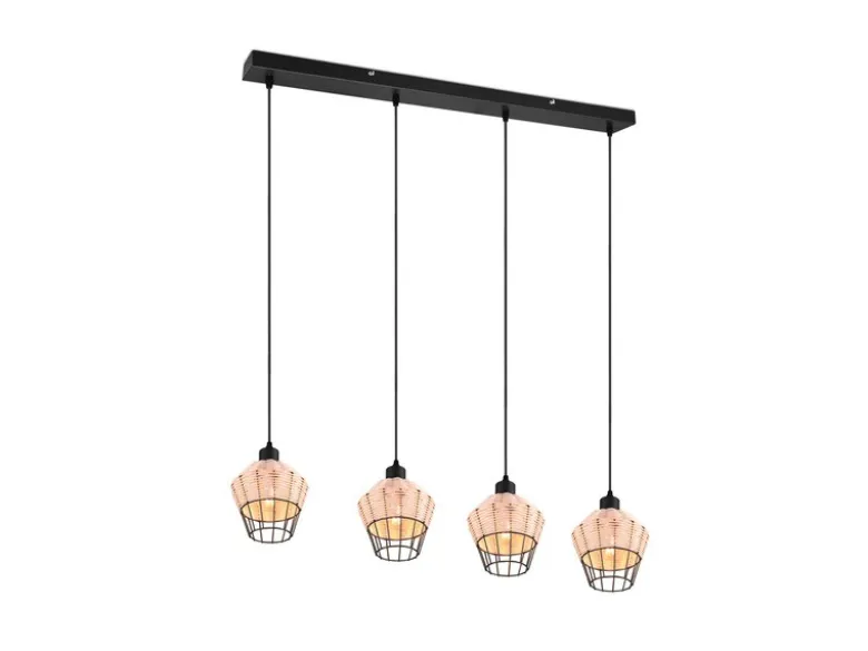 LED Pendelleuchte Rattan Geflecht Natur & Gitter im Boho Stil, Breite 95cm