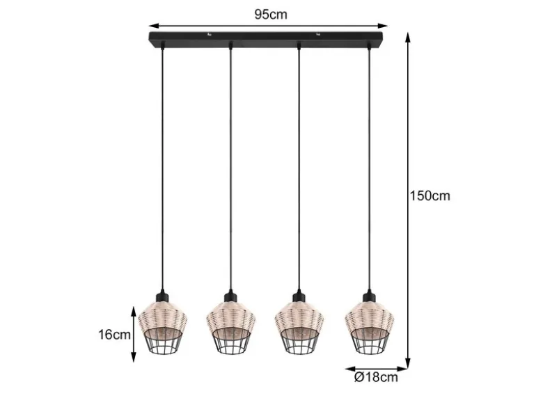 LED Pendelleuchte Rattan Geflecht Natur & Gitter im Boho Stil, Breite 95cm