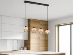 LED Pendelleuchte Rattan Geflecht Natur & Gitter im Boho Stil, Breite 95cm