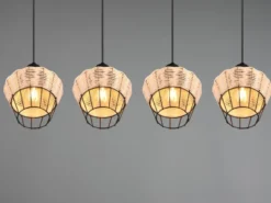 LED Pendelleuchte Rattan Geflecht Natur & Gitter im Boho Stil, Breite 95cm