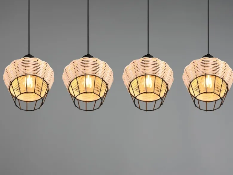 LED Pendelleuchte Rattan Geflecht Natur & Gitter im Boho Stil, Breite 95cm