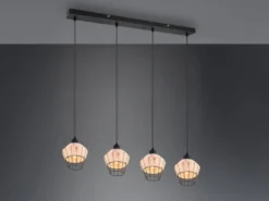 LED Pendelleuchte Rattan Geflecht Natur & Gitter im Boho Stil, Breite 95cm