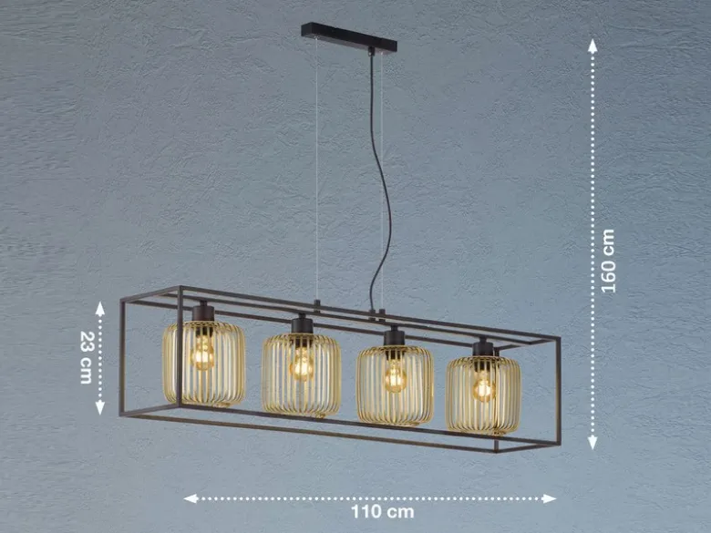 LED Pendelleuchte Schwarz Gold 4-flammig lang, Breite 110cm