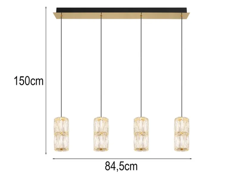 LED Pendelleuchte STEFANIE 4-flammig Gold mit Glaskristallen, Breite 84,5cm
