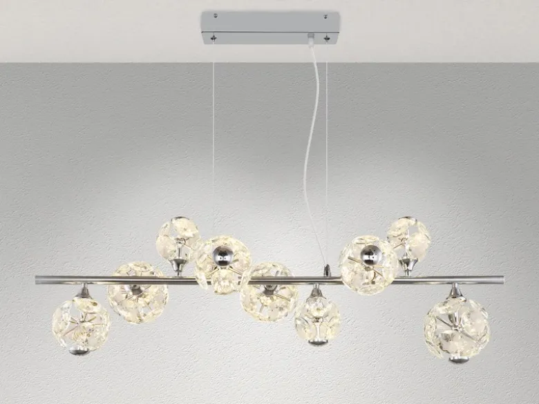 LED Pendelleuchte VIRINA 9-flammig Silber mit Kristall Glaskugeln, Breite 101cm