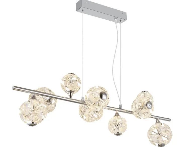 LED Pendelleuchte VIRINA 9-flammig Silber mit Kristall Glaskugeln, Breite 101cm