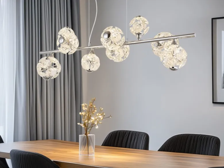 LED Pendelleuchte VIRINA 9-flammig Silber mit Kristall Glaskugeln, Breite 101cm
