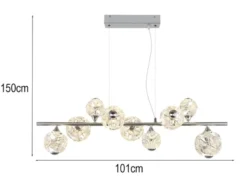 LED Pendelleuchte VIRINA 9-flammig Silber mit Kristall Glaskugeln, Breite 101cm