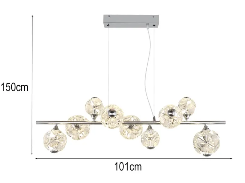 LED Pendelleuchte VIRINA 9-flammig Silber mit Kristall Glaskugeln, Breite 101cm