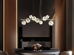 LED Pendelleuchte VIRINA 9-flammig Silber mit Kristall Glaskugeln, Breite 101cm