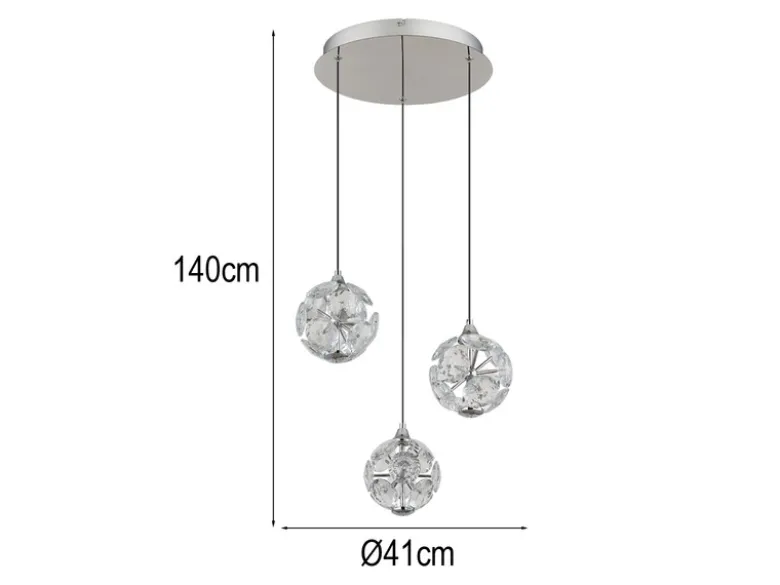 LED Pendelleuchte VIRINA 3-flammig Silber mit Kristall Glaskugeln, Ø 41cm